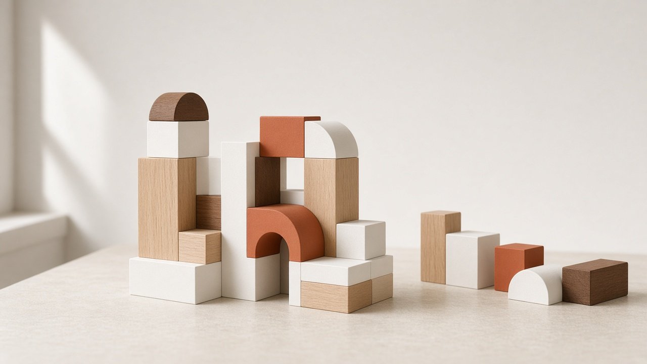 Wooden, white and orange blocks assembled into a custom structure, with unused pieces set aside