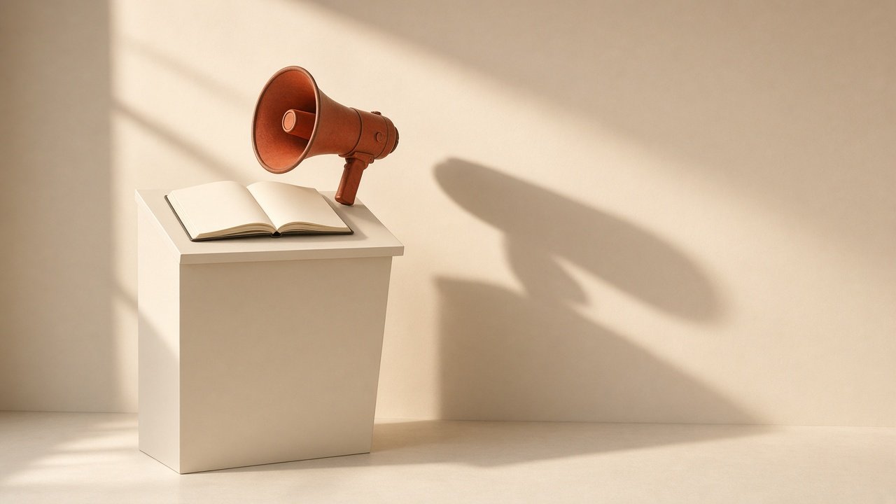 An orange megaphone on a white lectern beside an open notebook, casting a large shadow on the wall