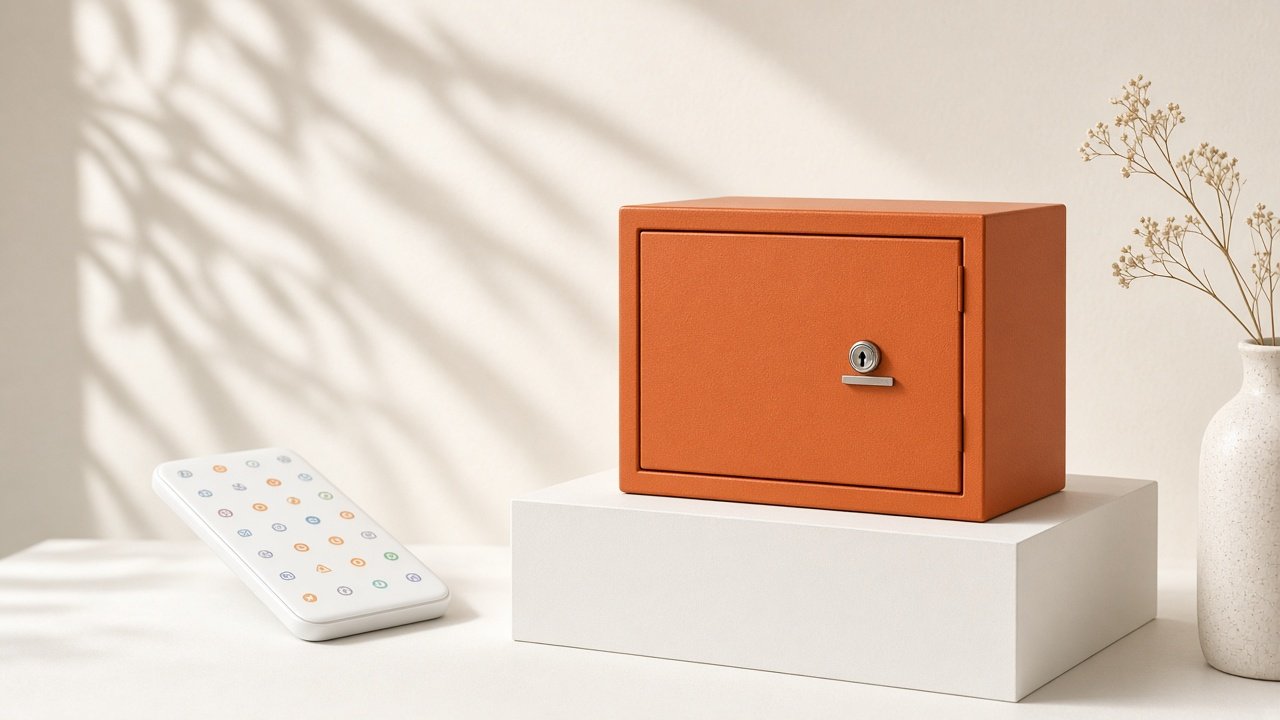 A solid orange safe on a white plinth, with a white device covered in feature icons set aside