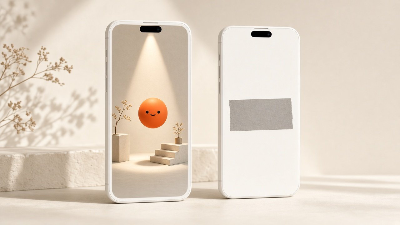Two white phones on cream: in one, an orange character stands in the spotlight of a tiny stage; on the other, a grey banner is taped across a blank screen
